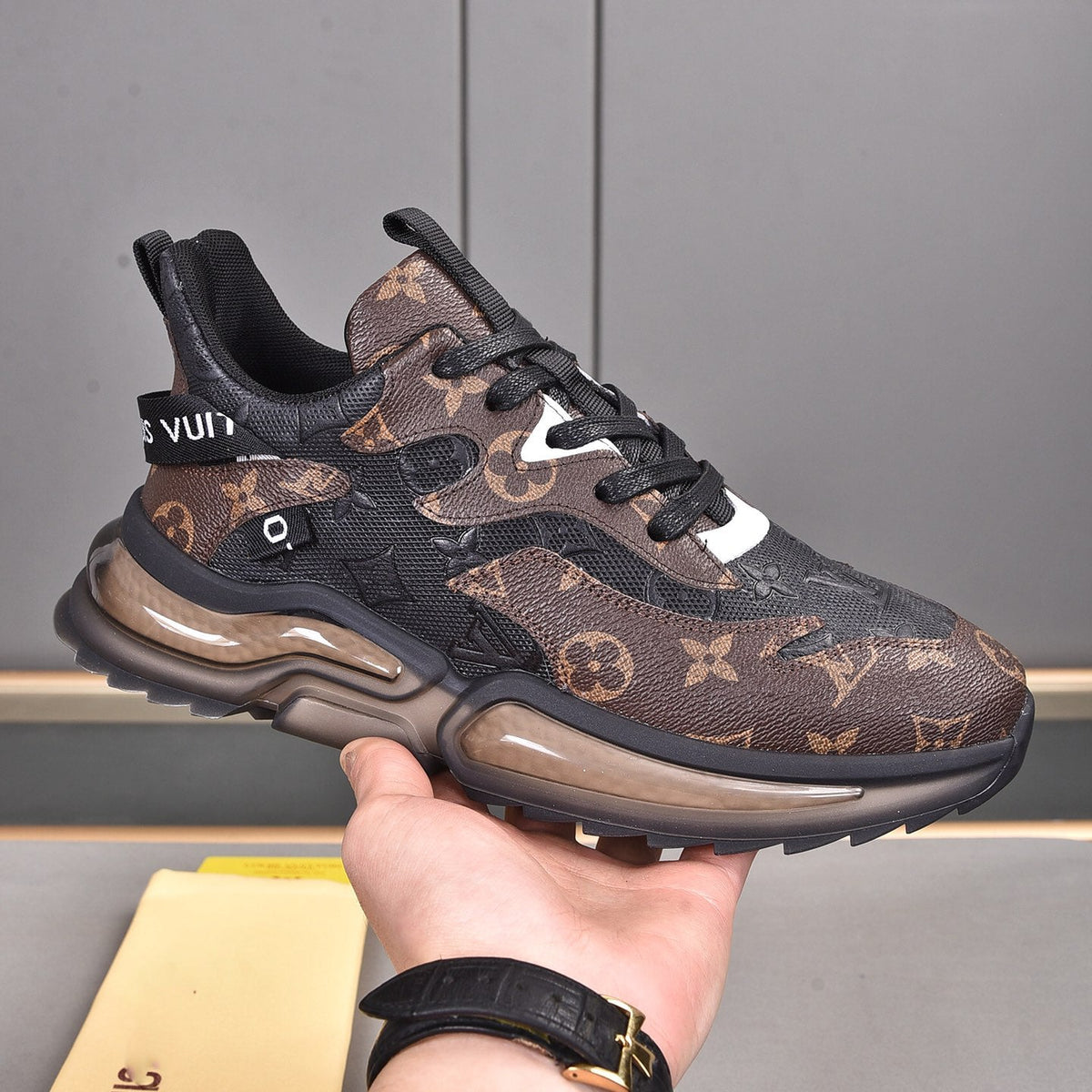 V22 Brown Color Block Cushion Sole Sneakers