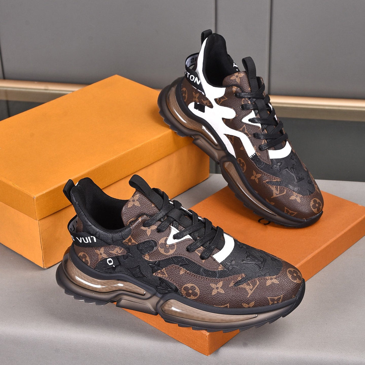 V22 Brown Color Block Cushion Sole Sneakers