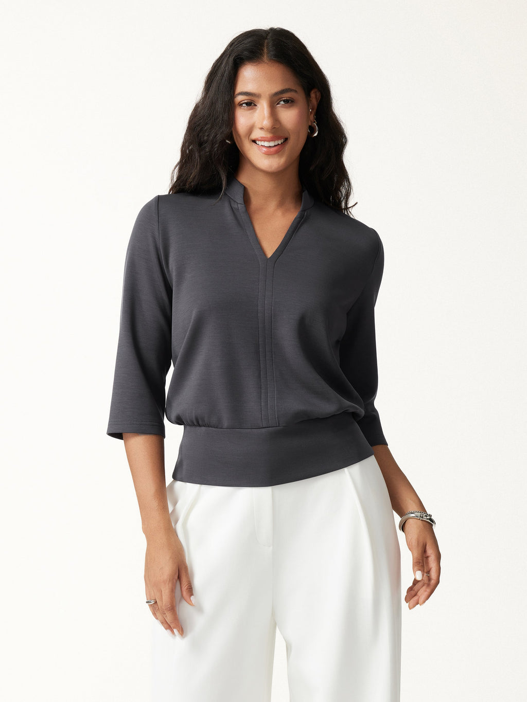 Lyocell Spacer Knit V-Neck Elbow Sleeve Banded Top