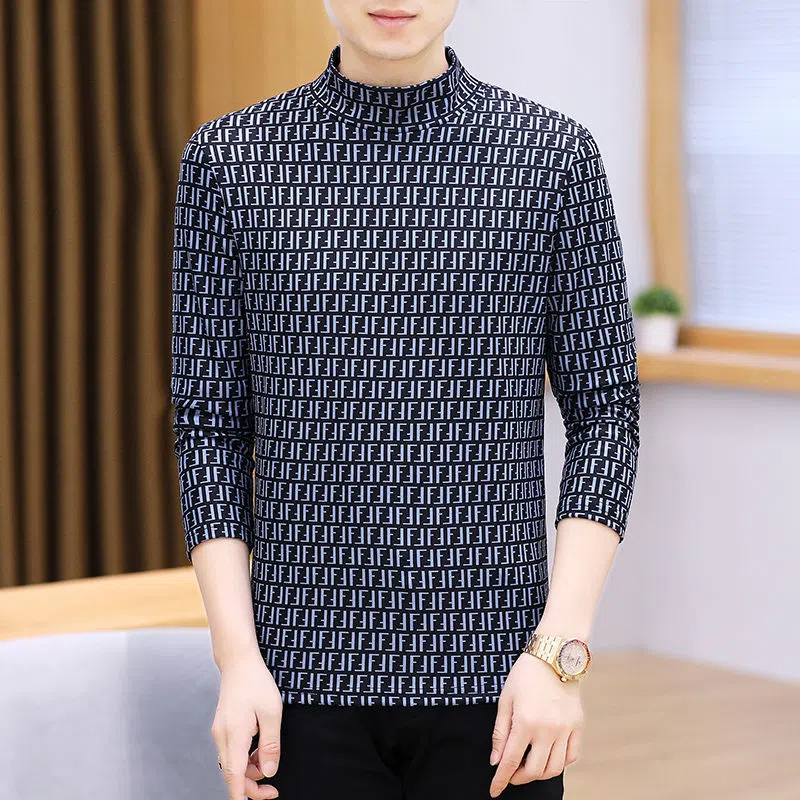 F Slim Trend Print Half Turtleneck Versatile Bottoming Shirt