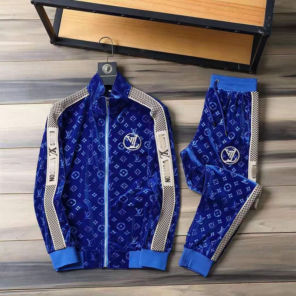 V Blue Embroidered Velvet Suit LXYMC23021504