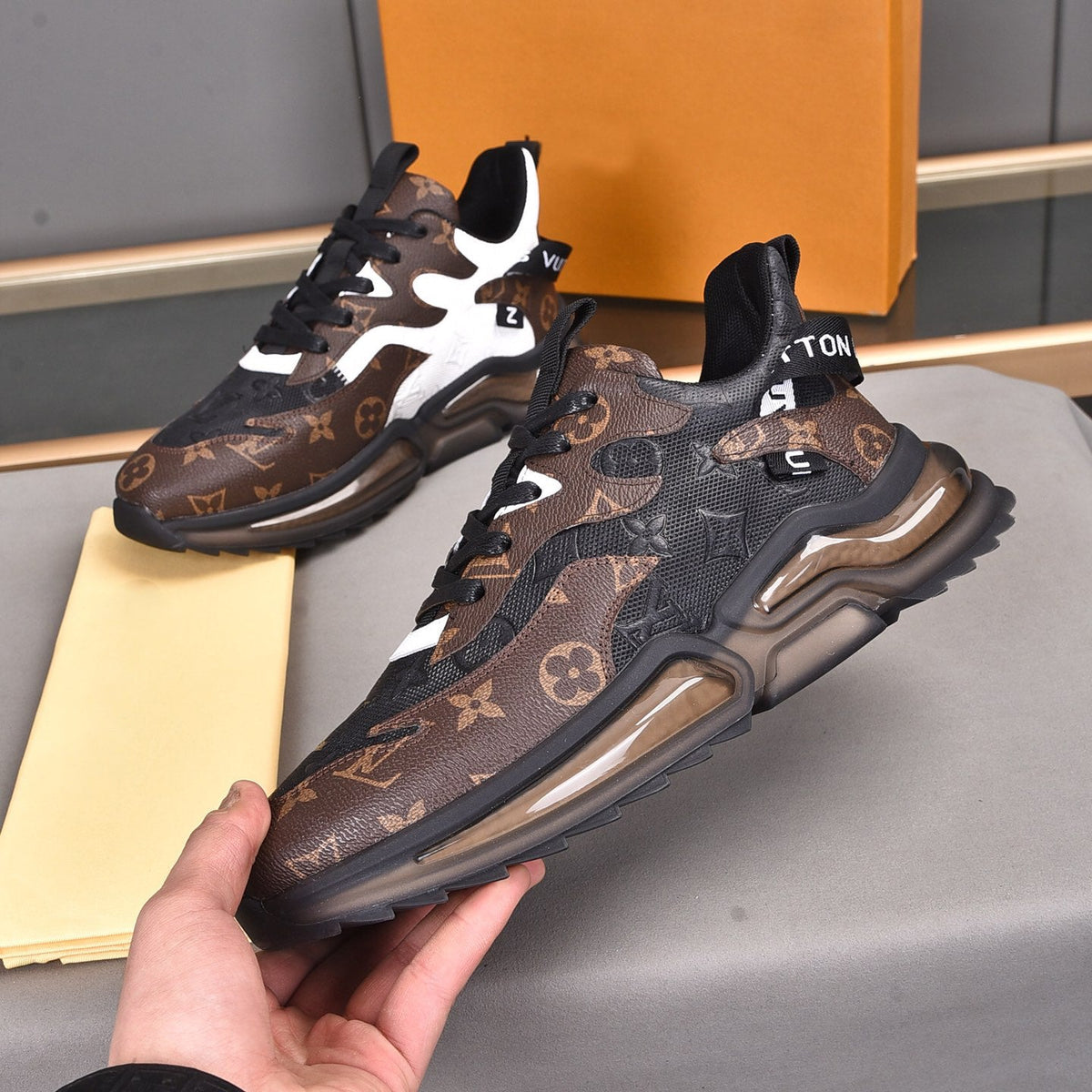 V22 Brown Color Block Cushion Sole Sneakers