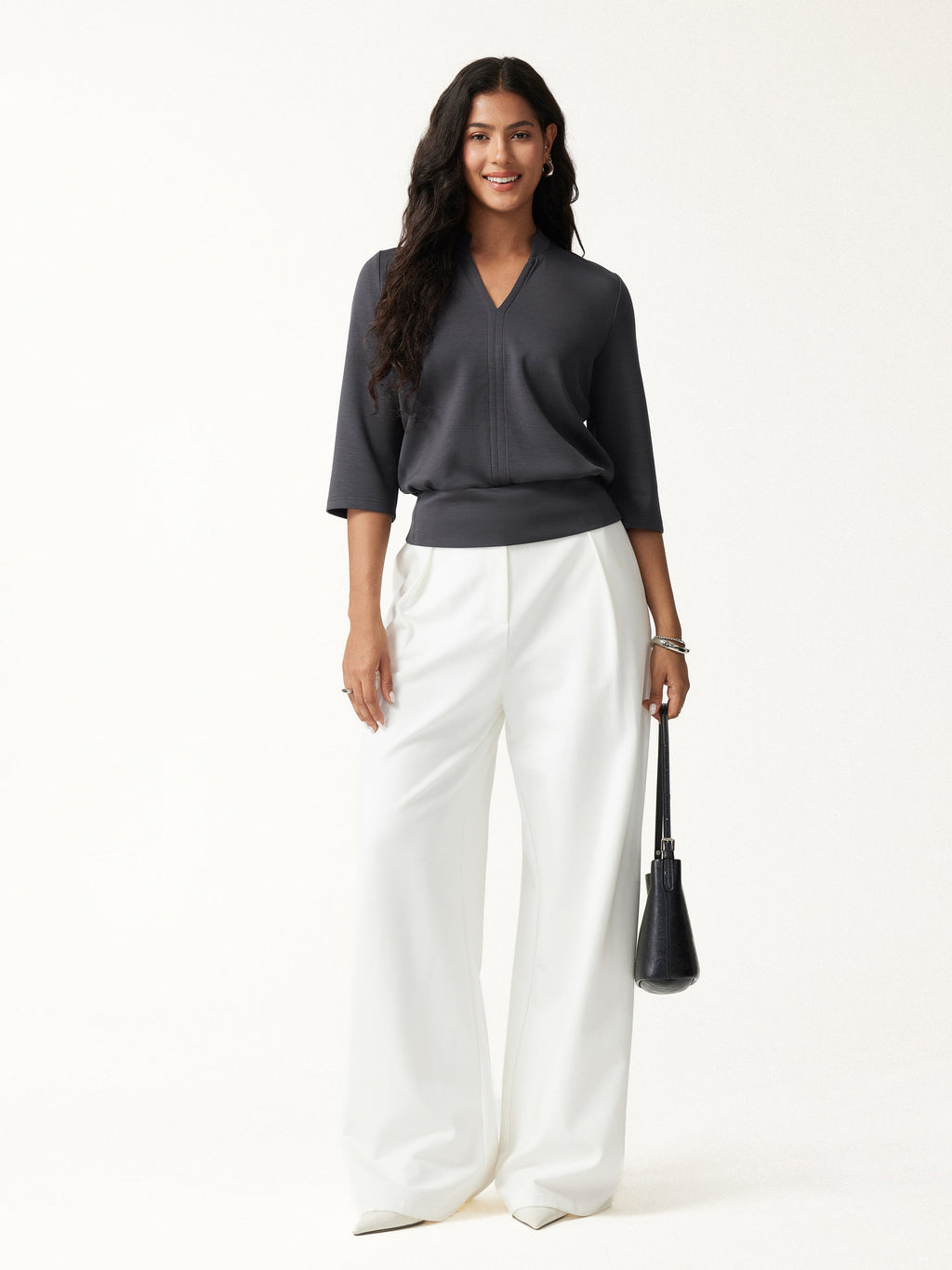 Lyocell Spacer Knit V-Neck Elbow Sleeve Banded Top