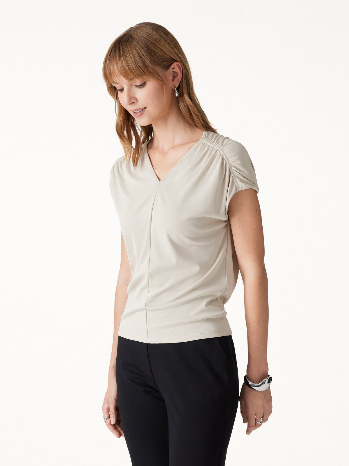 Modal Relaxed V-Neck Gathered Shoulder Top