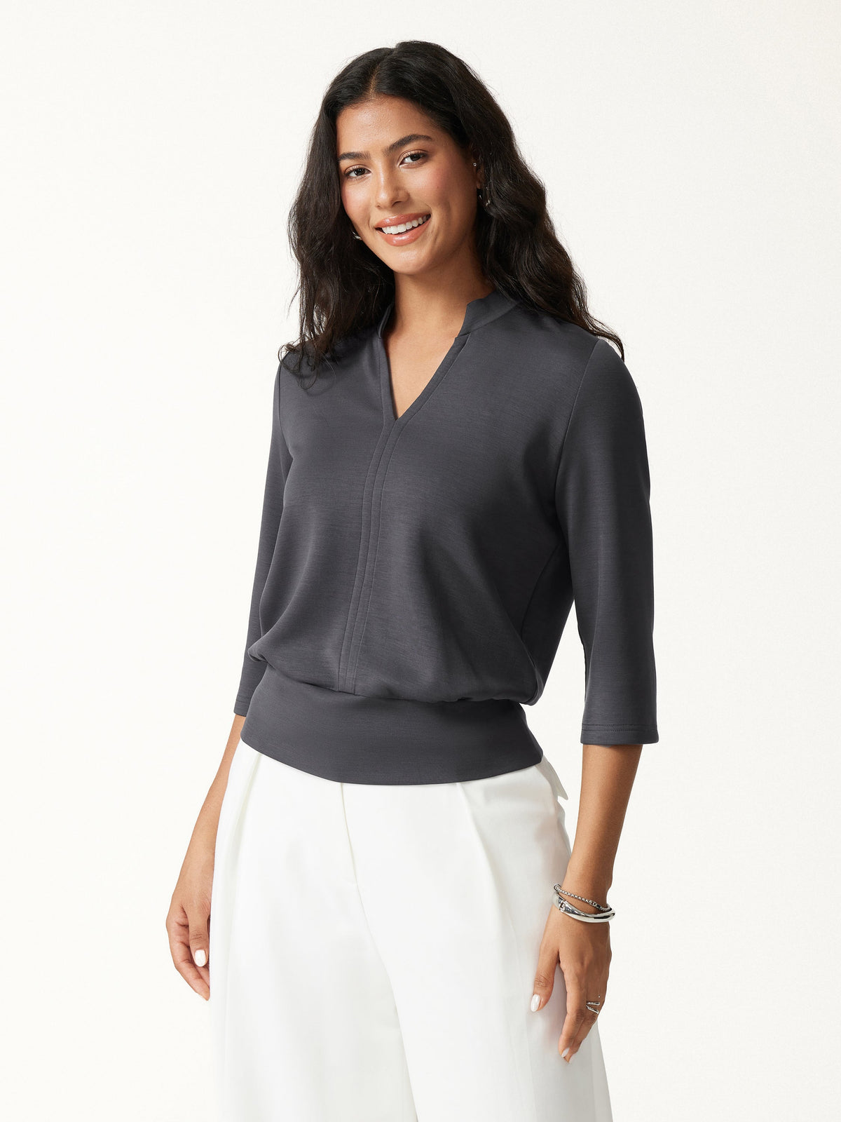 Lyocell Spacer Knit V-Neck Elbow Sleeve Banded Hem Top