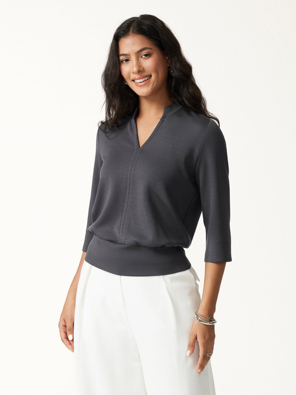 Lyocell Spacer Knit V-Neck Elbow Sleeve Banded Top