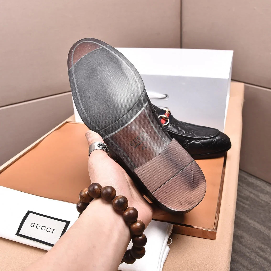 GG Men's Loafer Black Embossed Cowhide 538715